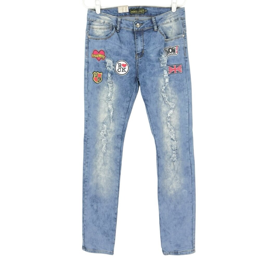 Rebel Love Women Distressed Patch Mid Wash Blue Skinny Stretch Jean Sz 15/16 NWT